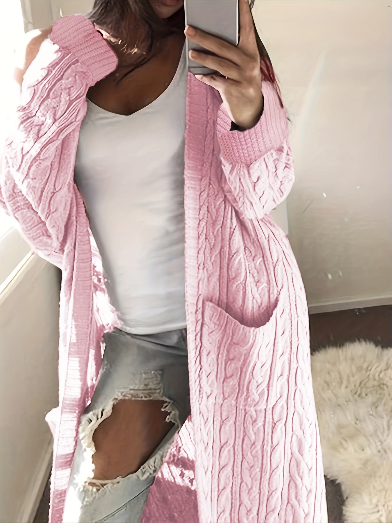 Cable Knit Long Sleeve Open Front Cardigan With Pockets