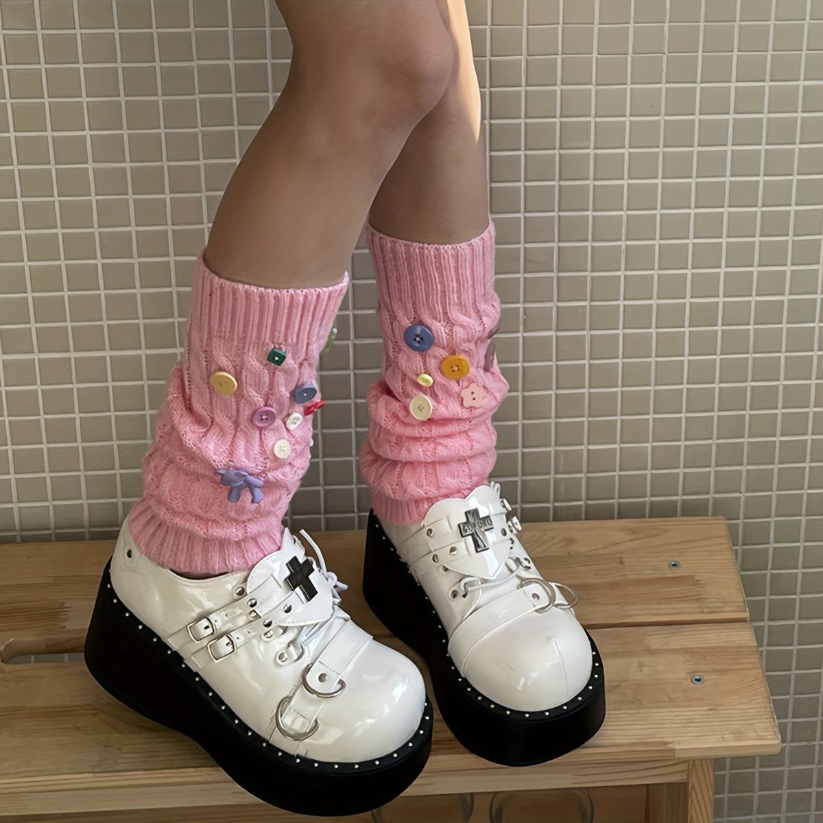 Colorful Button Decor Knitted Leg Warmers Knee High Socks Women's Stockings