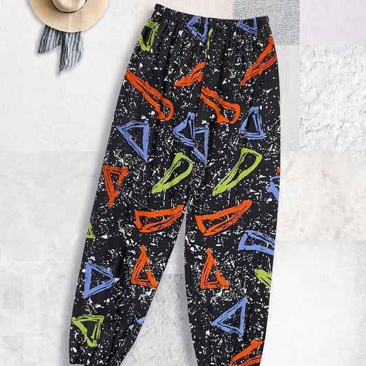 Boys Geometry Graffiti Print Sweatpants Elastic Waist Thin Casual Pants