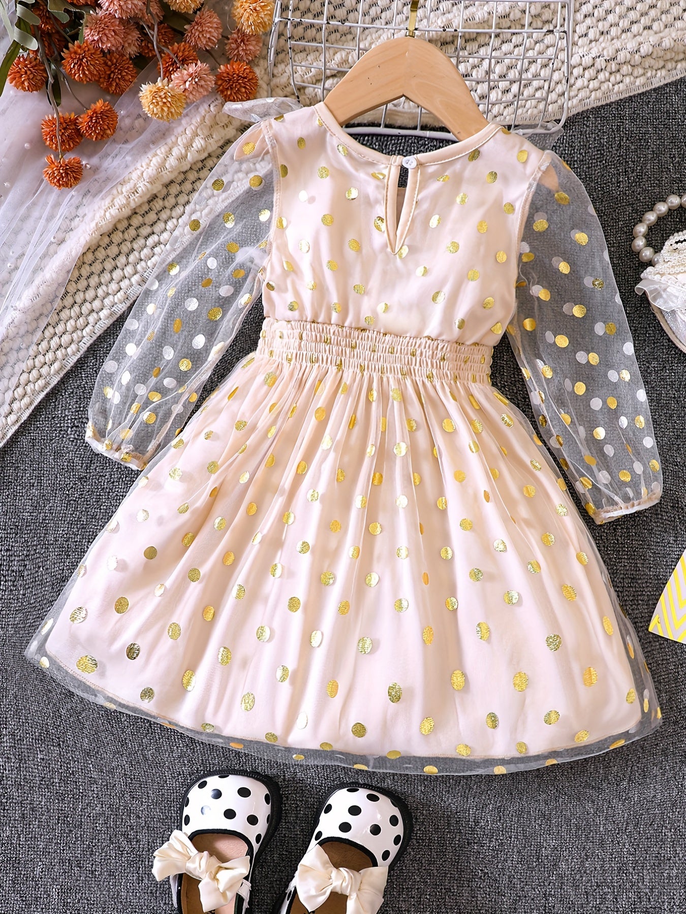 Girl's Golden Dot Long Sleeve Tunic Dress For Party