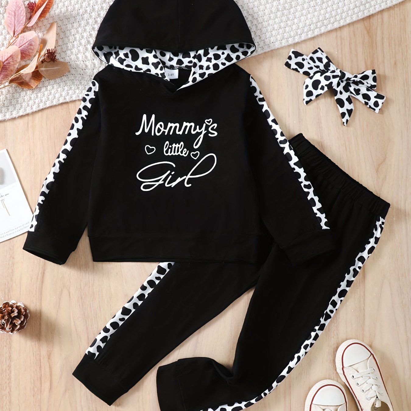Girl's Set: Hooded Top, Leopard Print Pants & Headband