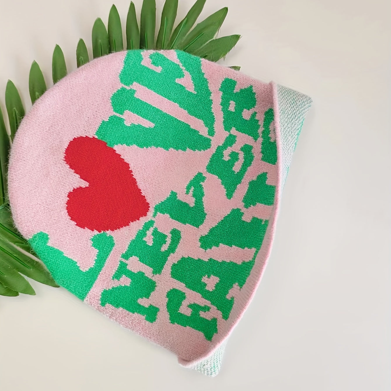 Pink Letter Jacquard Warm Beanie Love Never Fails Elastic Knit Hat