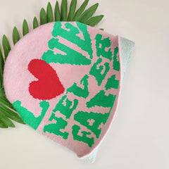 Pink Letter Jacquard Warm Beanie Love Never Fails Elastic Knit Hat