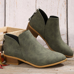 Chunky Heeled Ankle V Cut Boots Stacked Heeled Back Zipper Pointed Toe