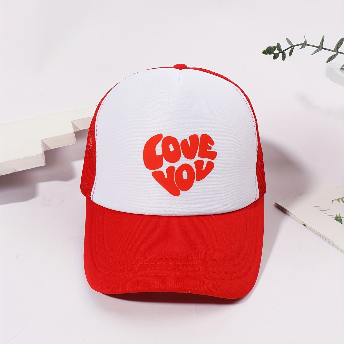 Love You Print Baseball Cap Red Adjustable Trucker Hat Mesh Breathable