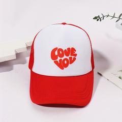 Love You Print Baseball Cap Red Adjustable Trucker Hat Mesh Breathable