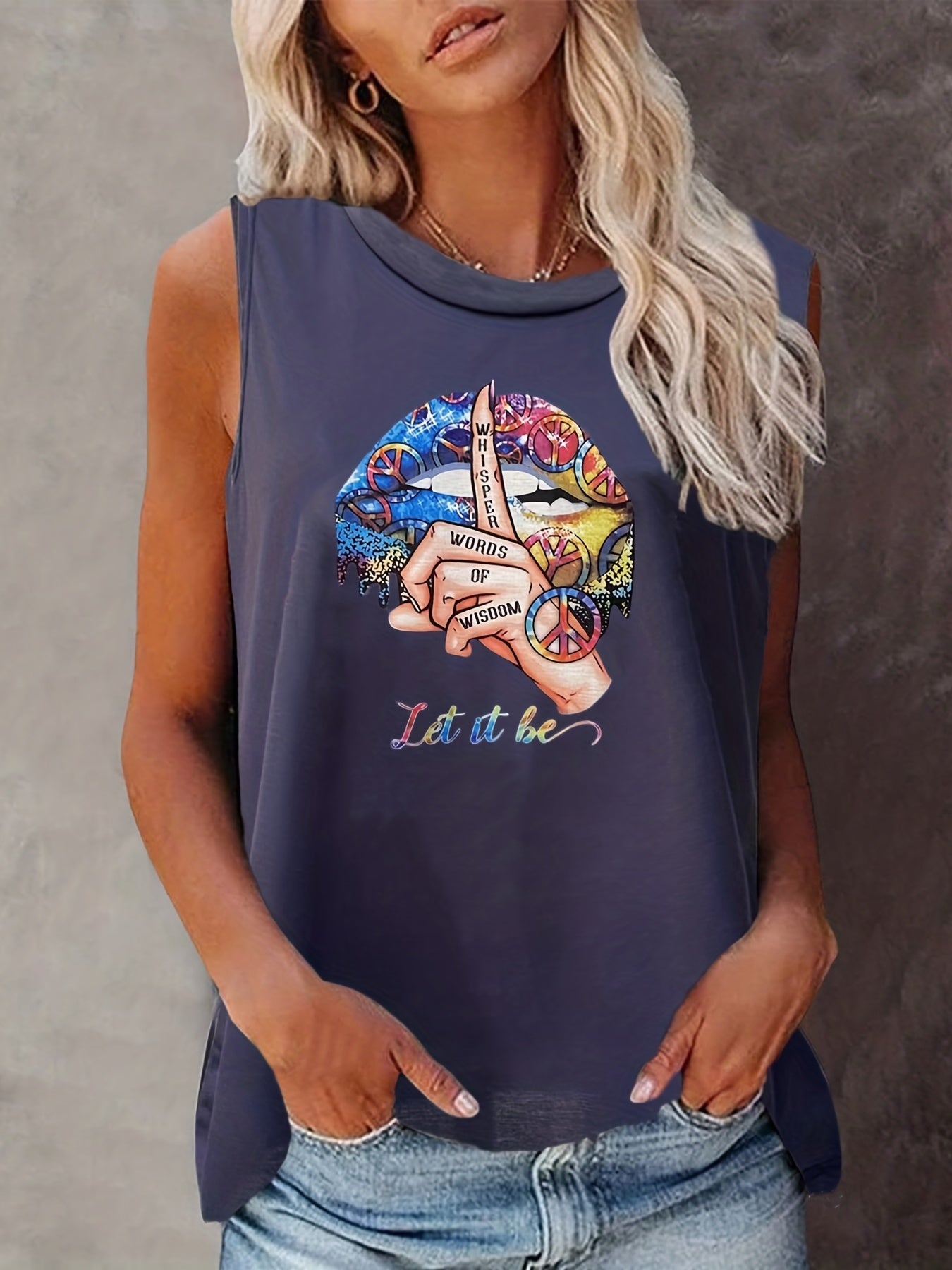 Vintage Lips & Hand Print Tank Top Crew Neck Summer Tank Top