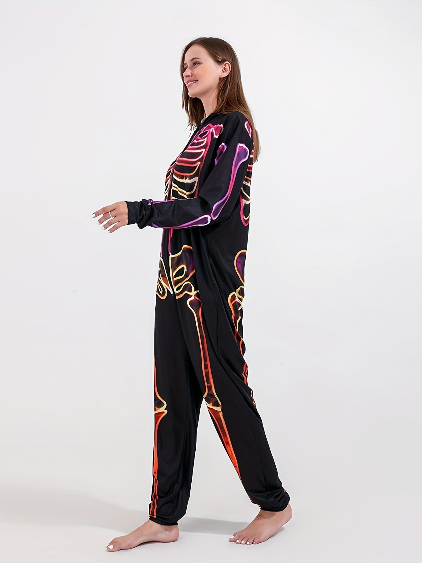 Skull Print Hooded Pajama Romper Long Sleeve Zipper PJ Women's Lingerie