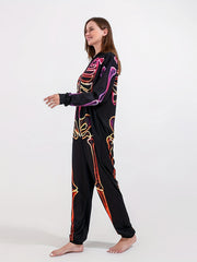 Skull Print Hooded Pajama Romper Long Sleeve Zipper PJ Women's Lingerie