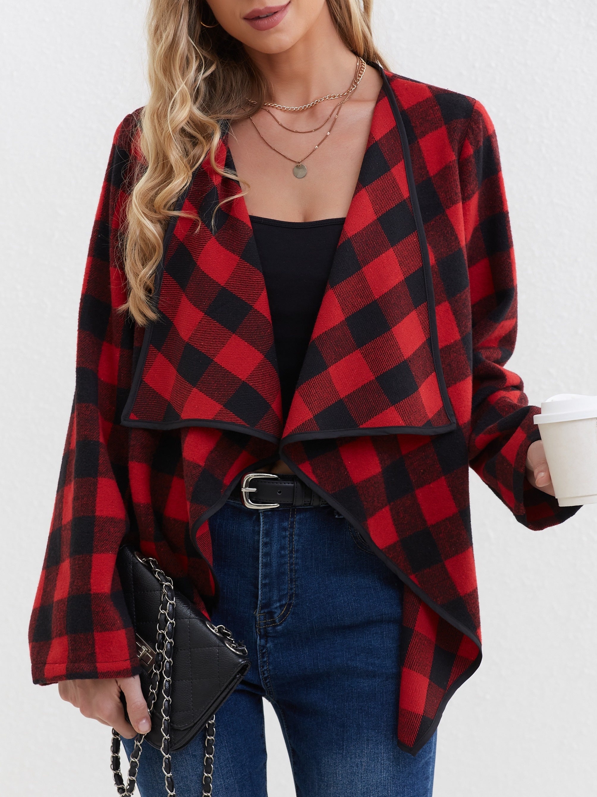 Plaid Print Open Front Jacket Long Sleeve Lapel Jacket