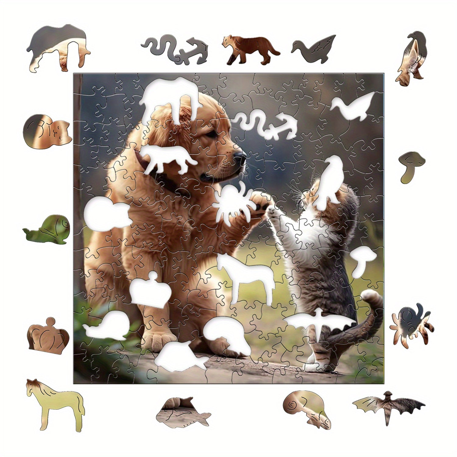Wooden Puzzle Friendly Dog & Kitten High Five Challenging Plywood Puzzle