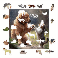 Wooden Puzzle Friendly Dog & Kitten High Five Challenging Plywood Puzzle