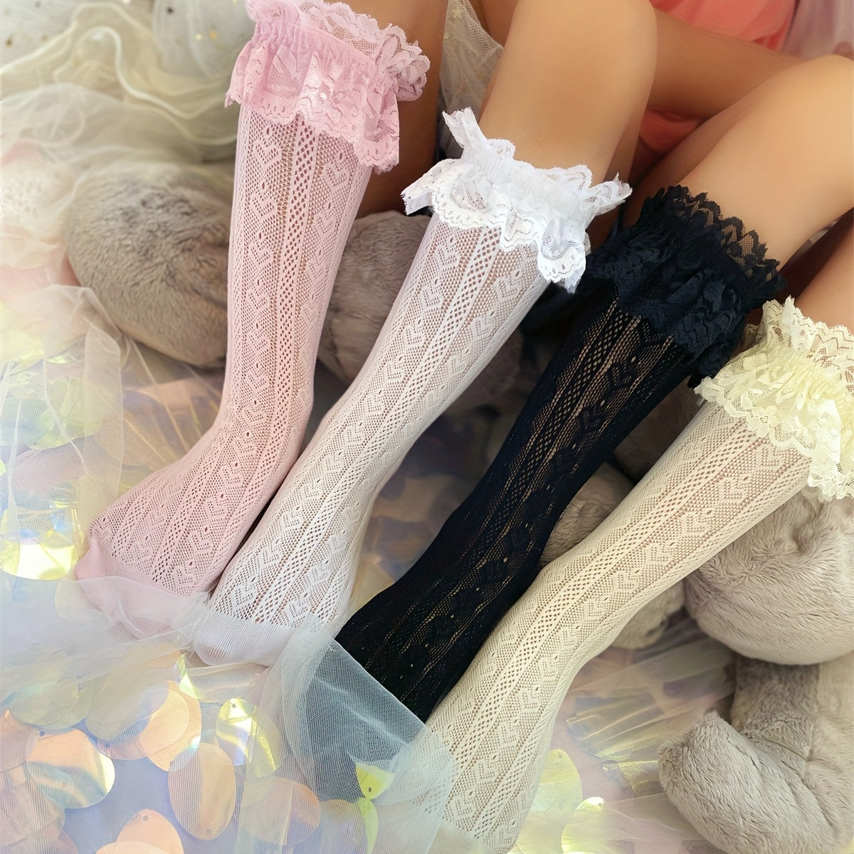 Girls Lace Trim Mesh Crew Socks for Kids Toddlers