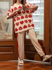 Heart Print Pajama Set Short Sleeve Crew Neck Top & Colorblock Pants