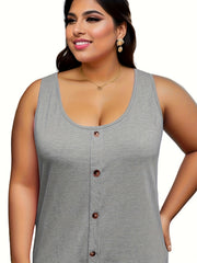 Casual Tank Top Women's Plus Solid Button Decor Round Neck Tank Top