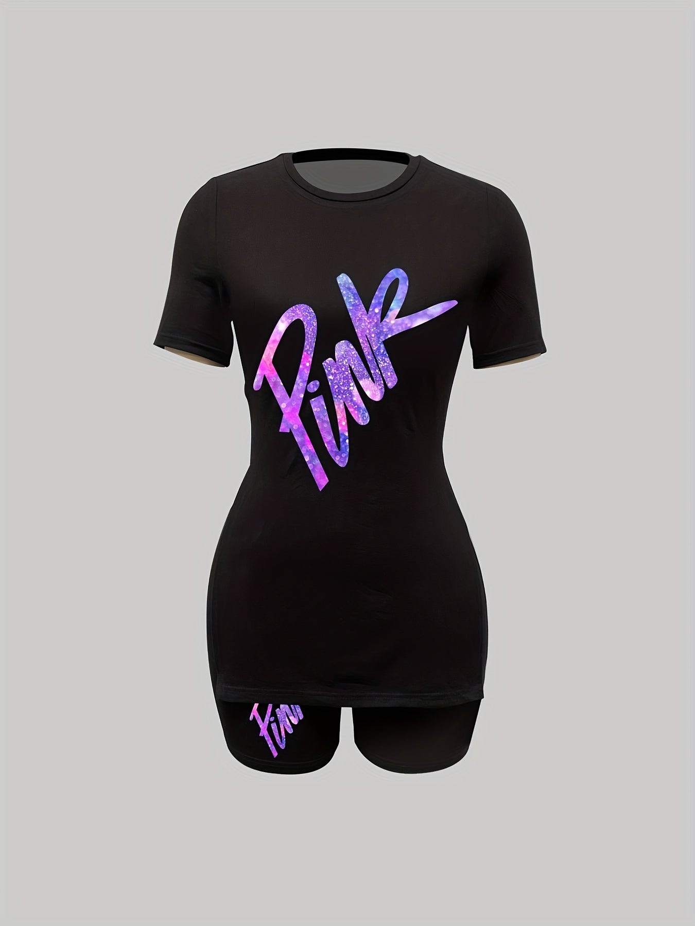 Letter Print 2pc Set Slit T Shirt & Shorts Outfits for Women