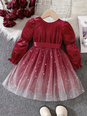 Girls' Christmas Velvet Princess Dress with Lace