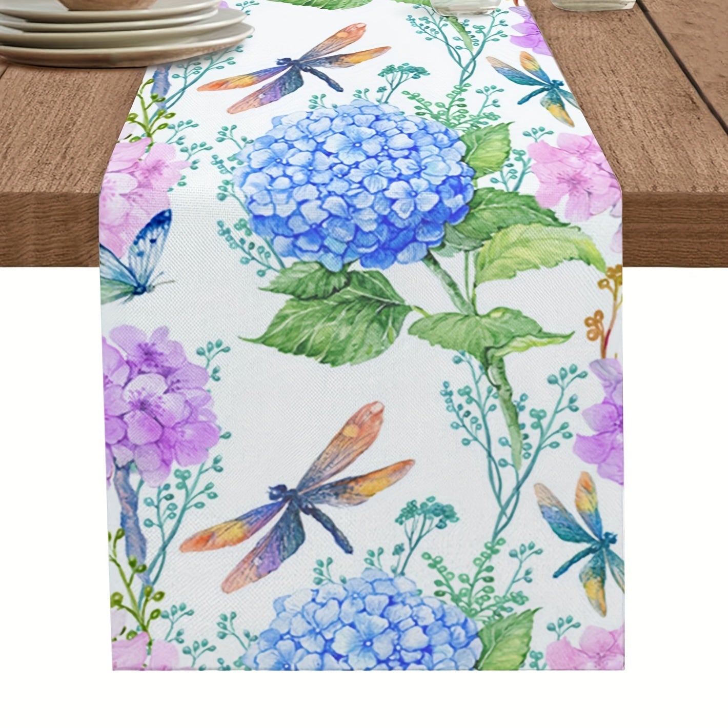 Long Spring & Purple Floral Hydrangea Watercolor Table Runner