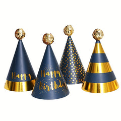 Birthday Cone Hat With Pom Poms Striped Dot Party Decor