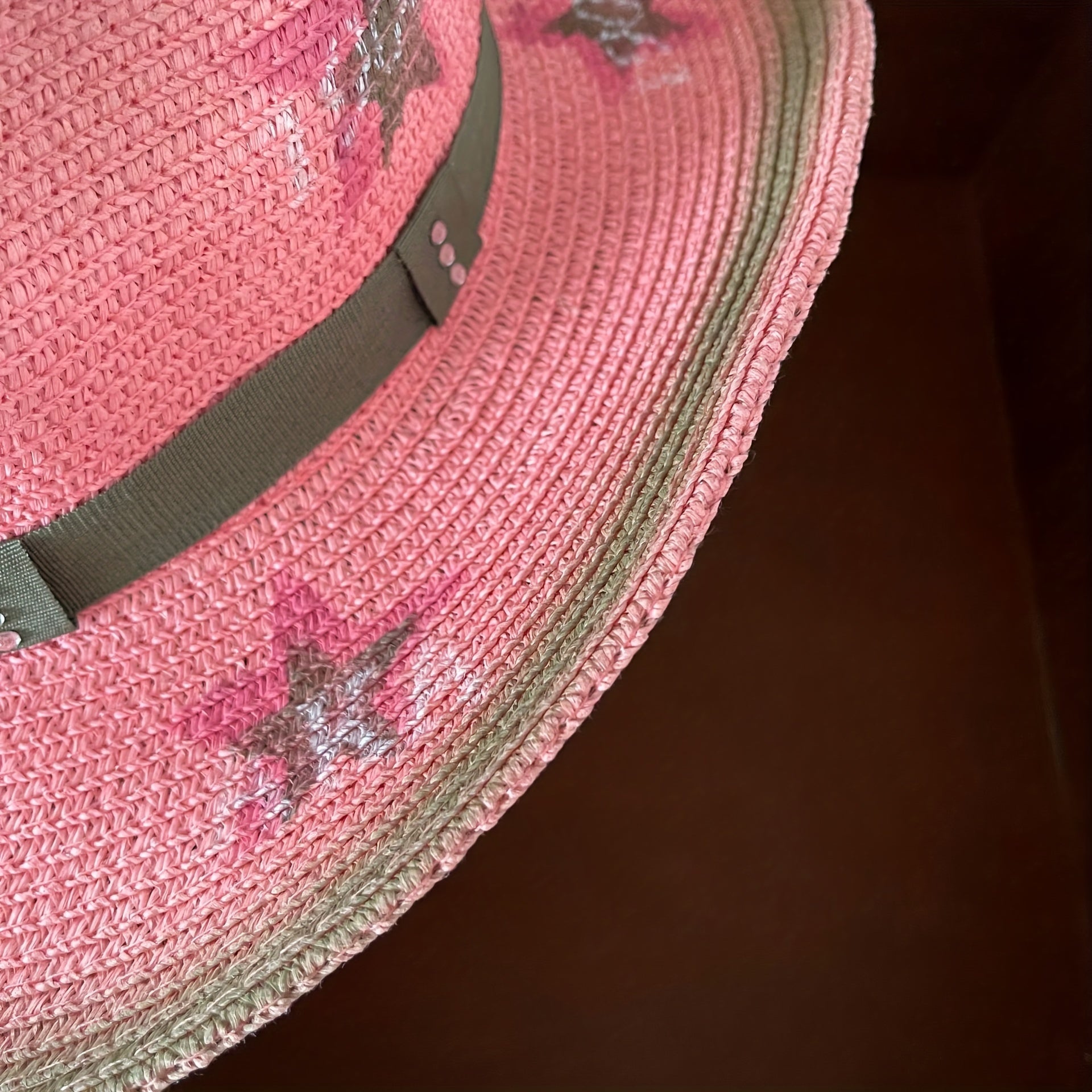 Y2K Pink Star Cowboy Hat Distressed Straw Sunshade Travel Beach Hats