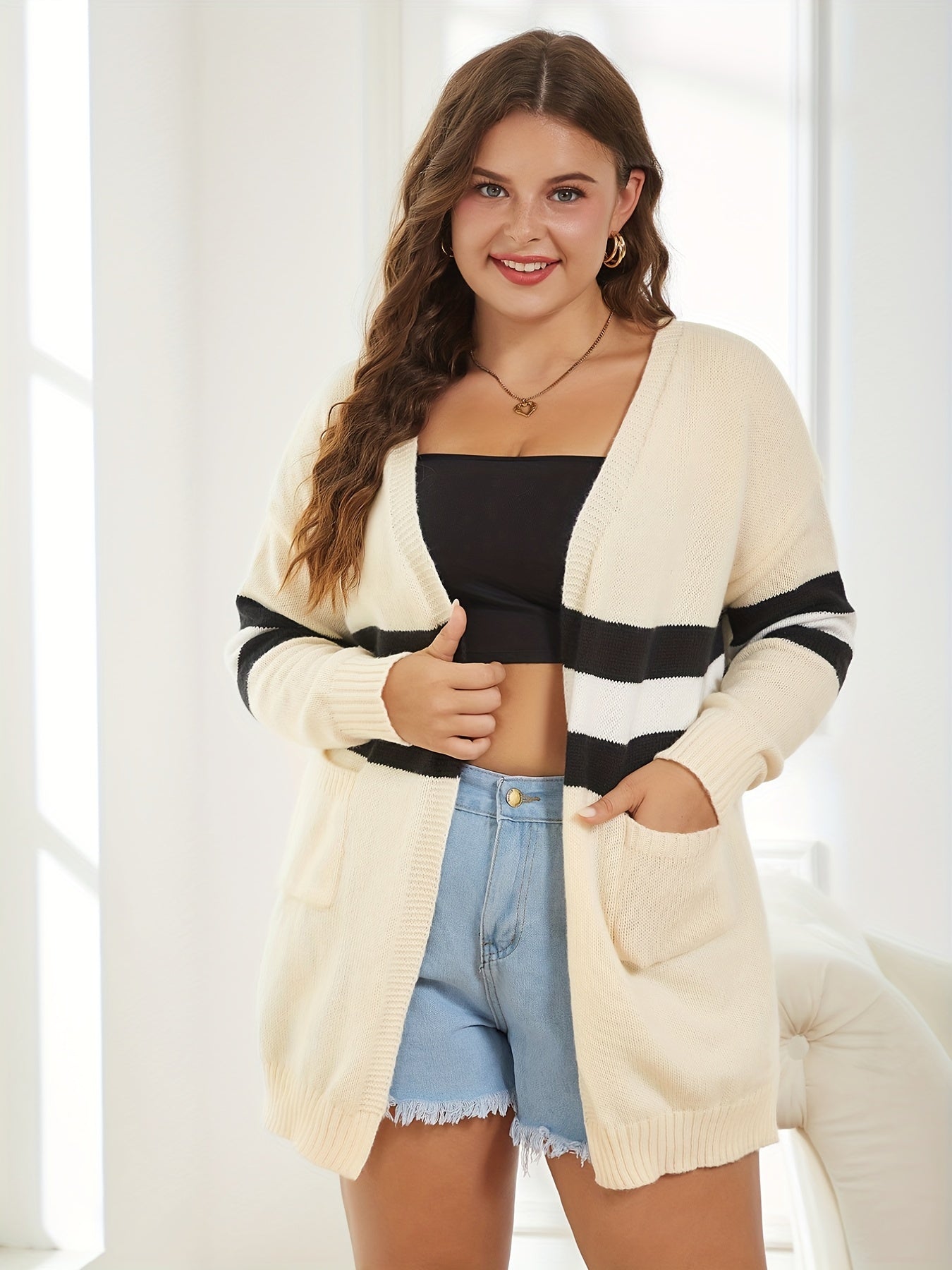 Plus Stripe Long Sleeve Cardigan with Pockets