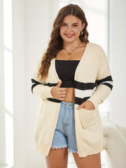 Plus Stripe Long Sleeve Cardigan with Pockets