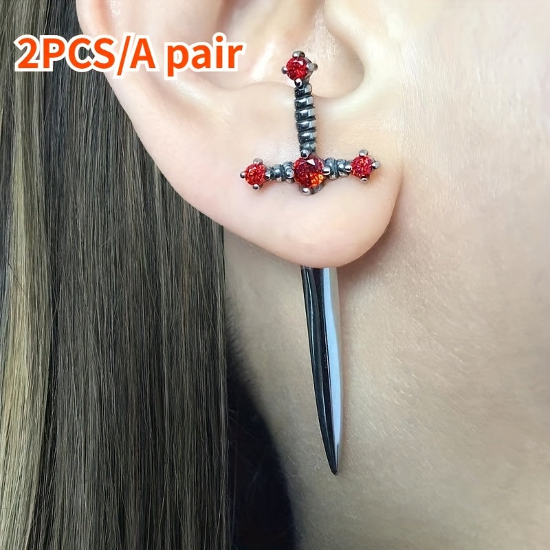 Vintage Sword Style Earrings Girl's Stud Ornaments Drill Dagger Earrings