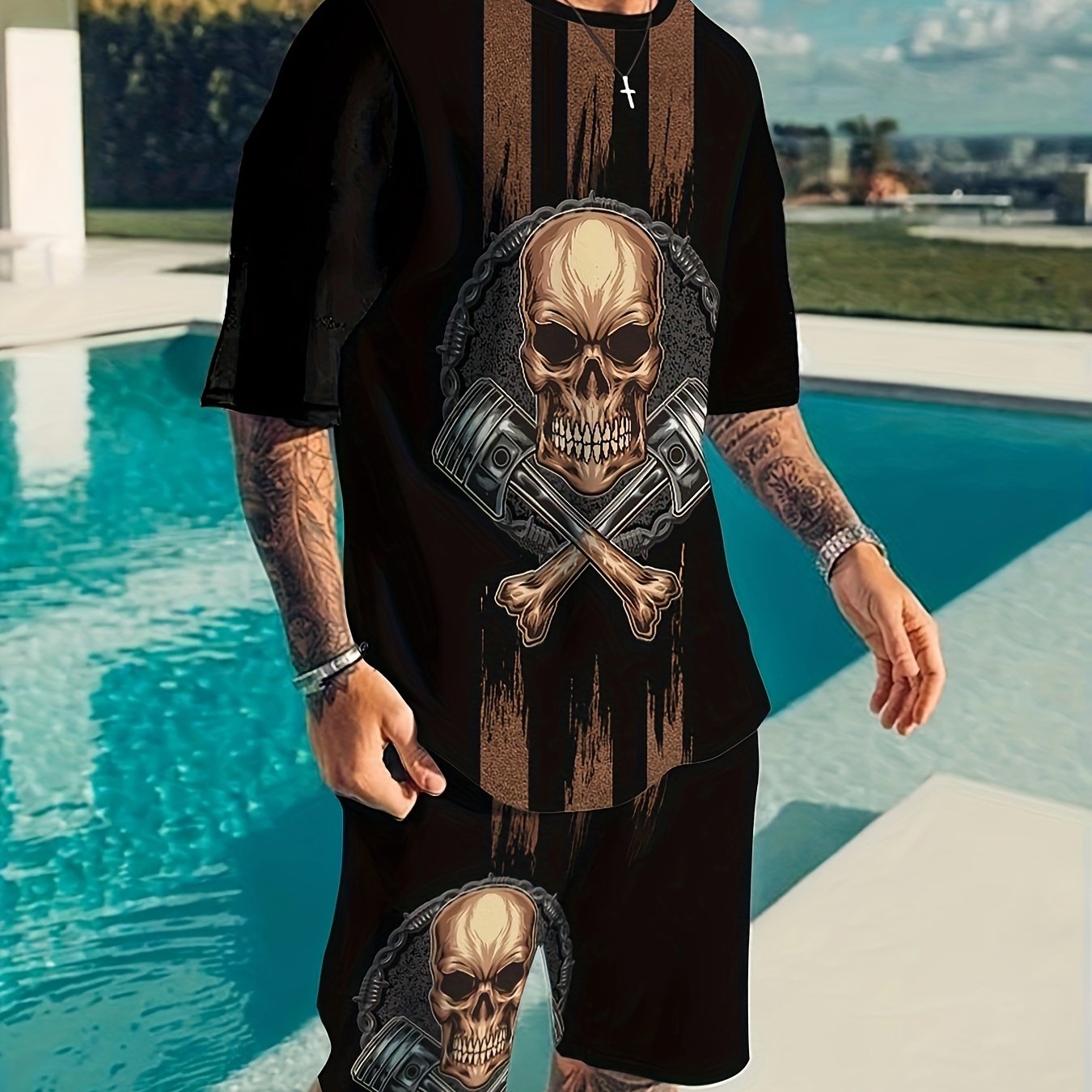 Skull 3d Pattern Mens 2 Piece Outfits Short Sleeve T shirt And Shorts Set