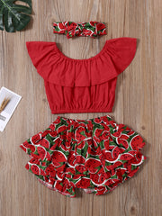 Cute Watermelon Off Shoulder Top & Skort Set with Headband