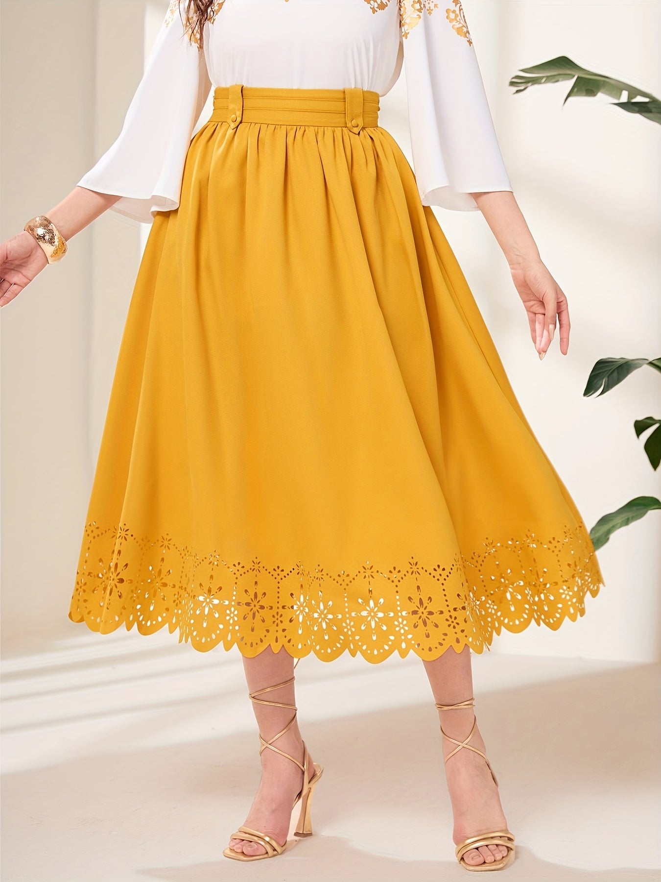 Ruched High Waist Midi Skirt Solid Color