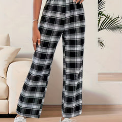 Plaid Print Straight Leg Pants Elastic Waist Casual Pants
