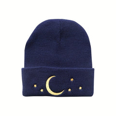Moon Star Embroidery Beanie Hip Hop Knitted Hat Ear Protection Winter Hat