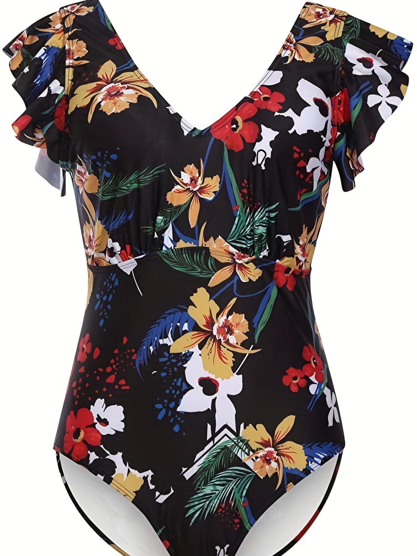 Floral Print Ruffle Sleeves One Piece Swimsuit Deep V Neck