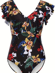 Floral Print Ruffle Sleeves One Piece Swimsuit Deep V Neck