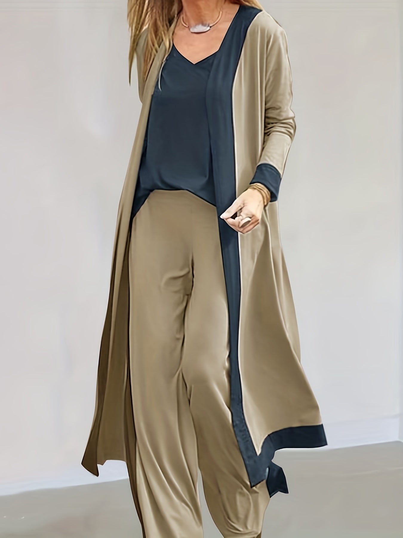 Casual 3pc Set Open Front Cardigan & V Neck Tops & Wide Leg Pants