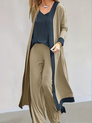 Casual 3pc Set Open Front Cardigan & V Neck Tops & Wide Leg Pants