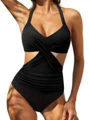 Leaf Print One Piece Swimsuit Halter Neck V Neck Cut Out Tie Back High Cut Bathi