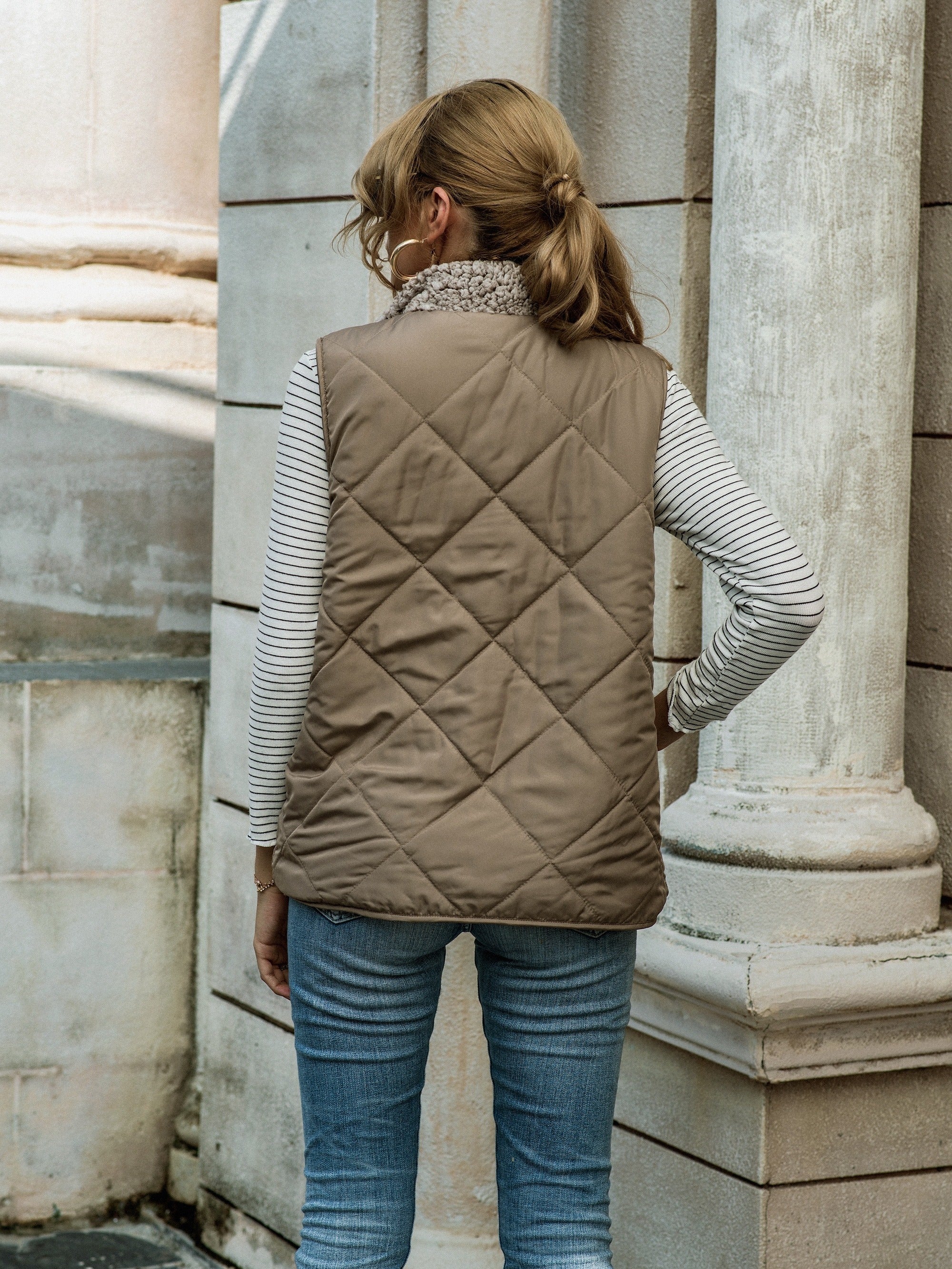 Solid Zip Up Vest Stand Collar Sleeveless Vest With Pockets