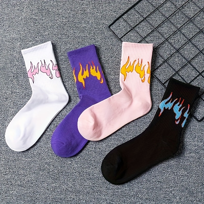 4 Pairs Flame Print Mid Tube Socks Women's Stockings