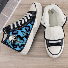 Skull & Butterfly Print Plush Lined Thermal Chunky Canvas Sneakers