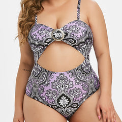 Floral Print Ring Belt One Piece Swimsuit Plus Size