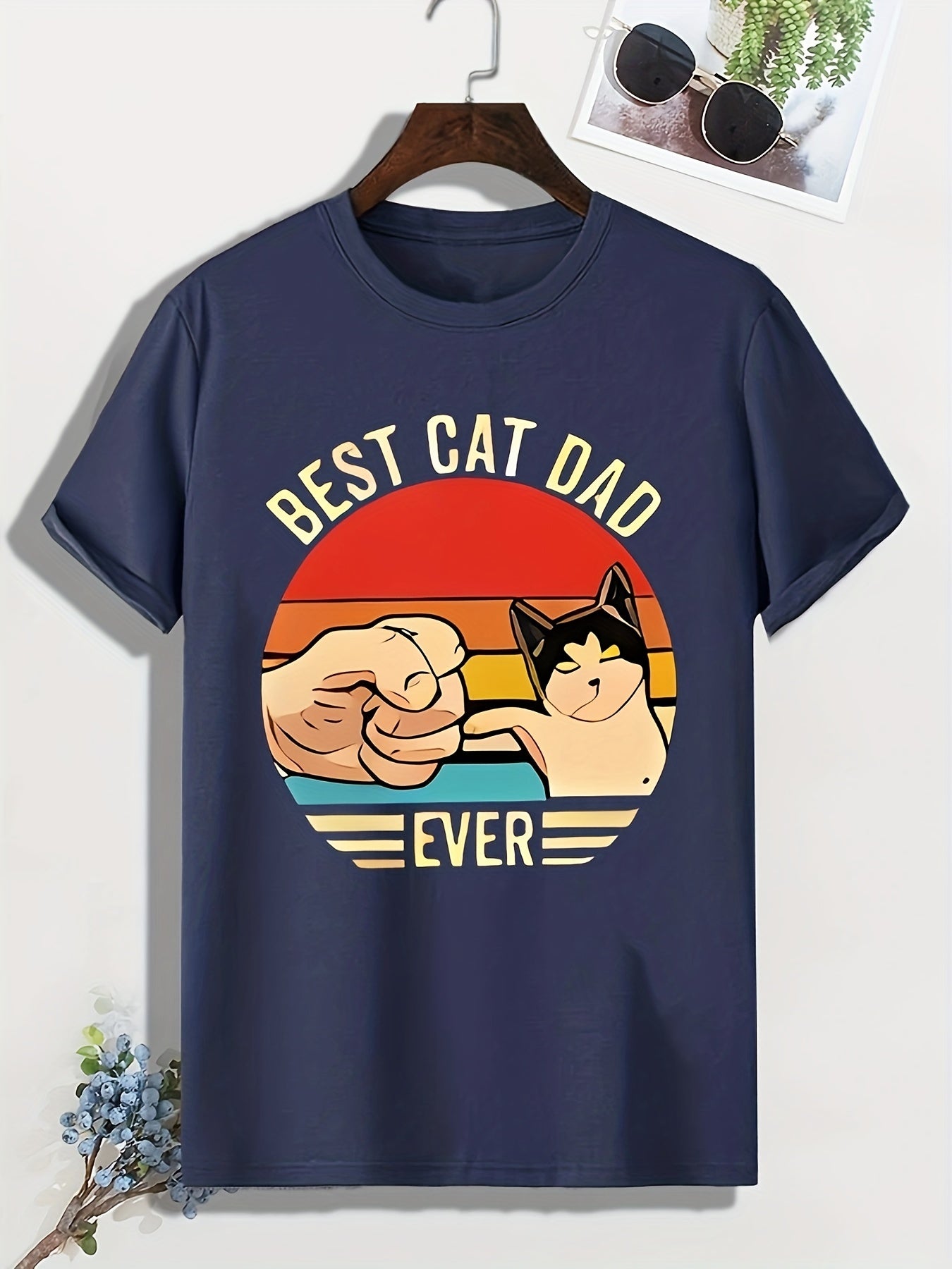 Men's Cartoon Cat Print T shirt Casual Comfy Crew Neck Tee