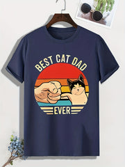 Men's Cartoon Cat Print T shirt Casual Comfy Crew Neck Tee