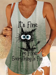 Cat Prin Gradient V Neck Tank Top for Women