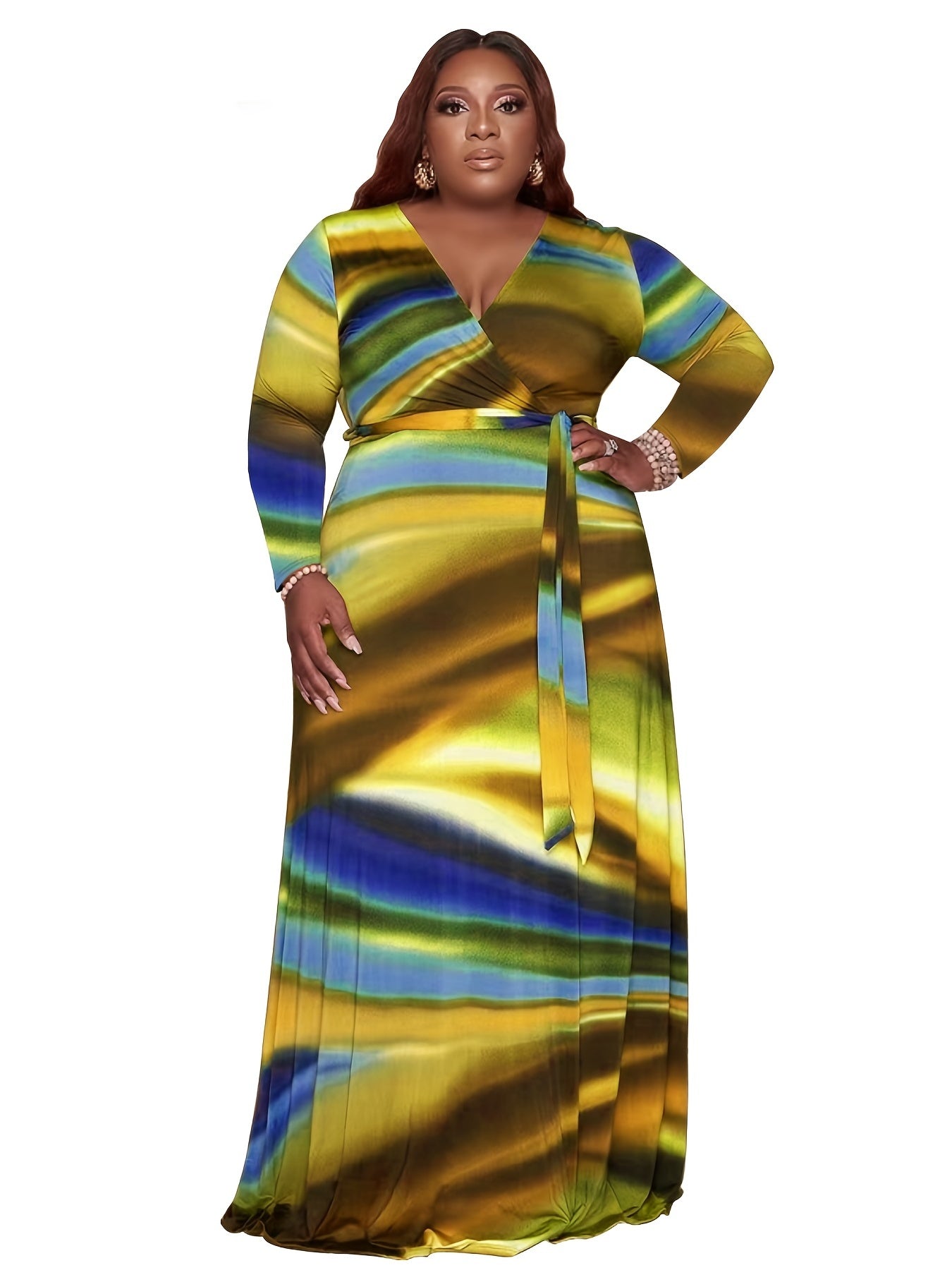 Tie Dye Maxi Dress With Belt Women's Plus Casual Long Sleeve Dress
