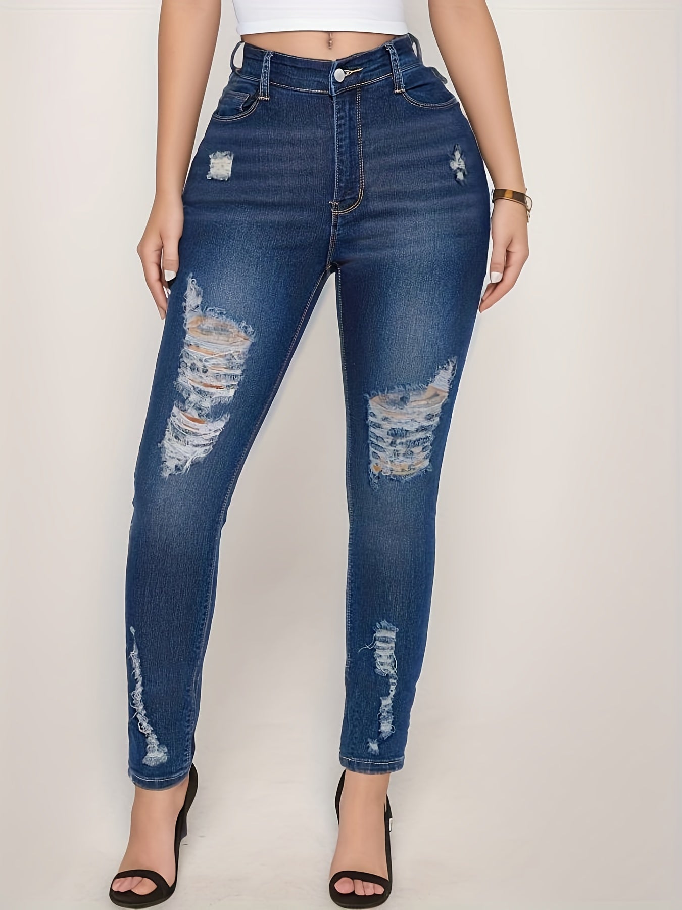 Dark Ripped Skinny Jeans Slim Fit Mid Stretch Denim Pant