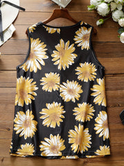 Sunflower Print Lace V Neck Tank Top