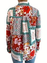 Casual Blouse Women's Plus Scarf & Floral Print Button Up