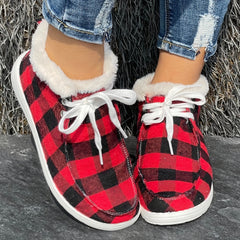 Women's Red & Plaid Snow Boots Flat Comfortable Fur Insoles