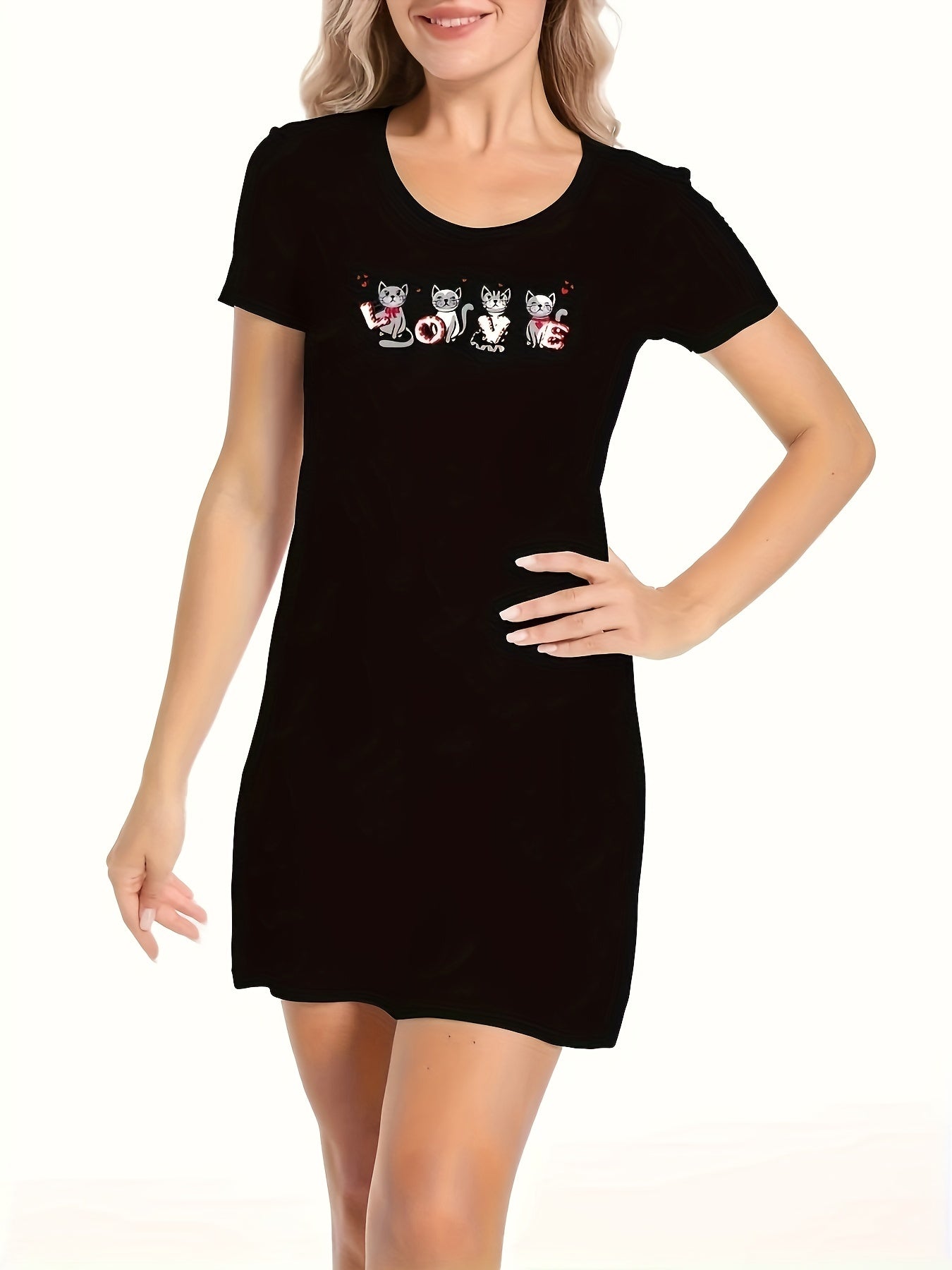Cartoon Cat Print NightDress Short Sleeve Pajama Dress Women's Sleepwear